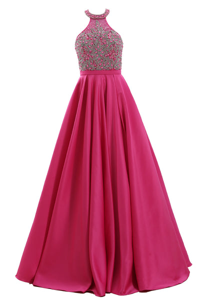 MACloth Women Halter Beaded Satin Formal Evening Gown Open Back Long Prom Dress