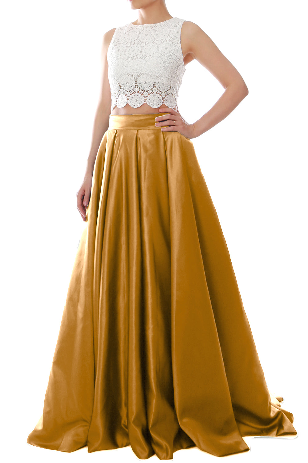 MACloth Women Two Piece O Neck Lace Long Prom Homecoming Dress Evening Ball Gown