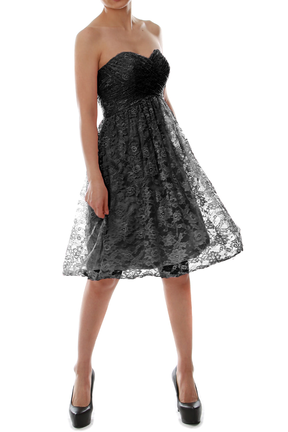 MACloth Women Strapless Wedding Party Formal Gown Short Lace Bridesmaid Dress