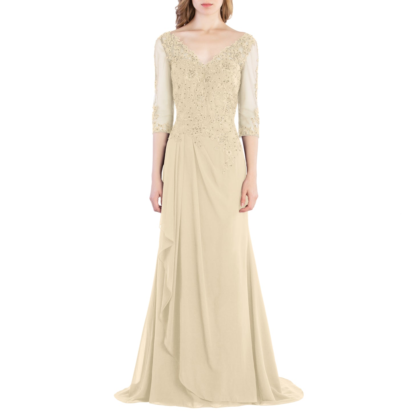 Vestido de novia largo de encaje con escote en V y mangas 3/4 de MACloth para madre de la novia y dama de honor