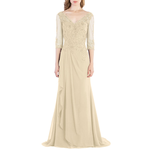 MACloth V Neck 3/4 Sleeve Lace Long Wedding Mother Bride Gown Bridesmaid Dresses