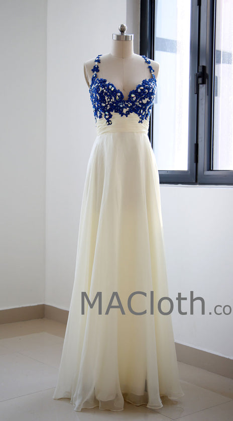 Spaghetti Straps Floor Length Lace Chiffon Royal Blue Prom Dresses MACloth