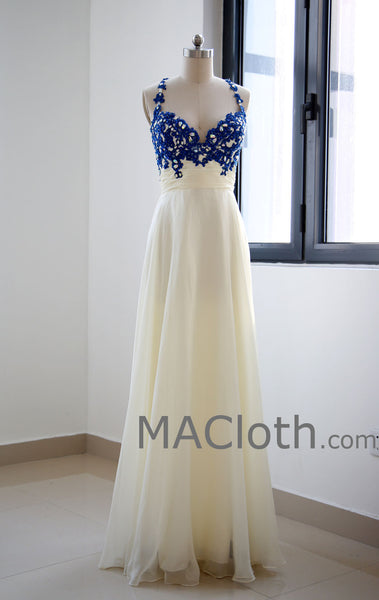 Spaghetti Straps Floor Length Lace Chiffon Royal Blue Prom Dresses MACloth
