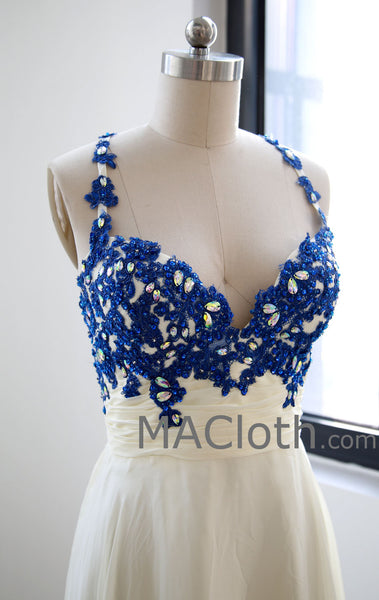 Spaghetti Straps Floor Length Lace Chiffon Royal Blue Prom Dresses MACloth