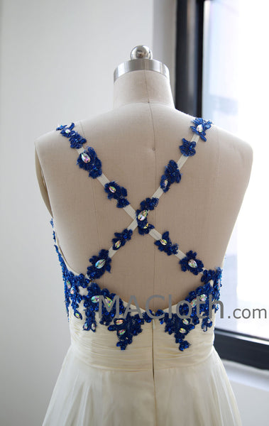 Spaghetti Straps Floor Length Lace Chiffon Royal Blue Prom Dresses MACloth