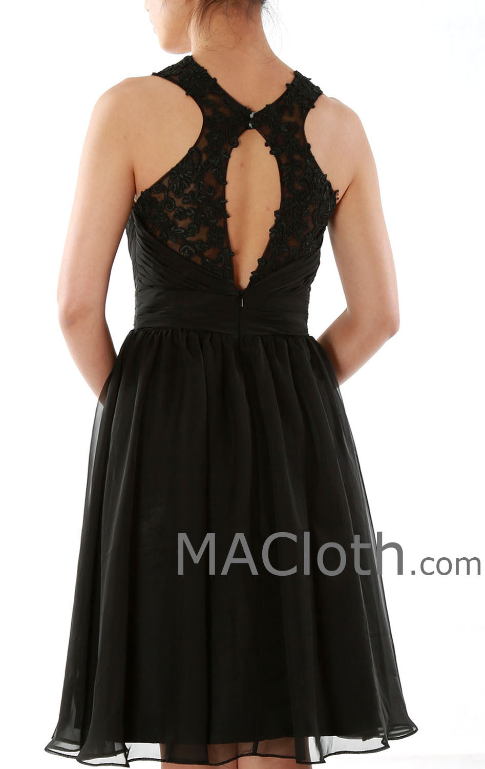 Vestido corto de fiesta negro con escote halter y encaje de MACloth, vestido de fiesta corto, vestido negro corto 160142