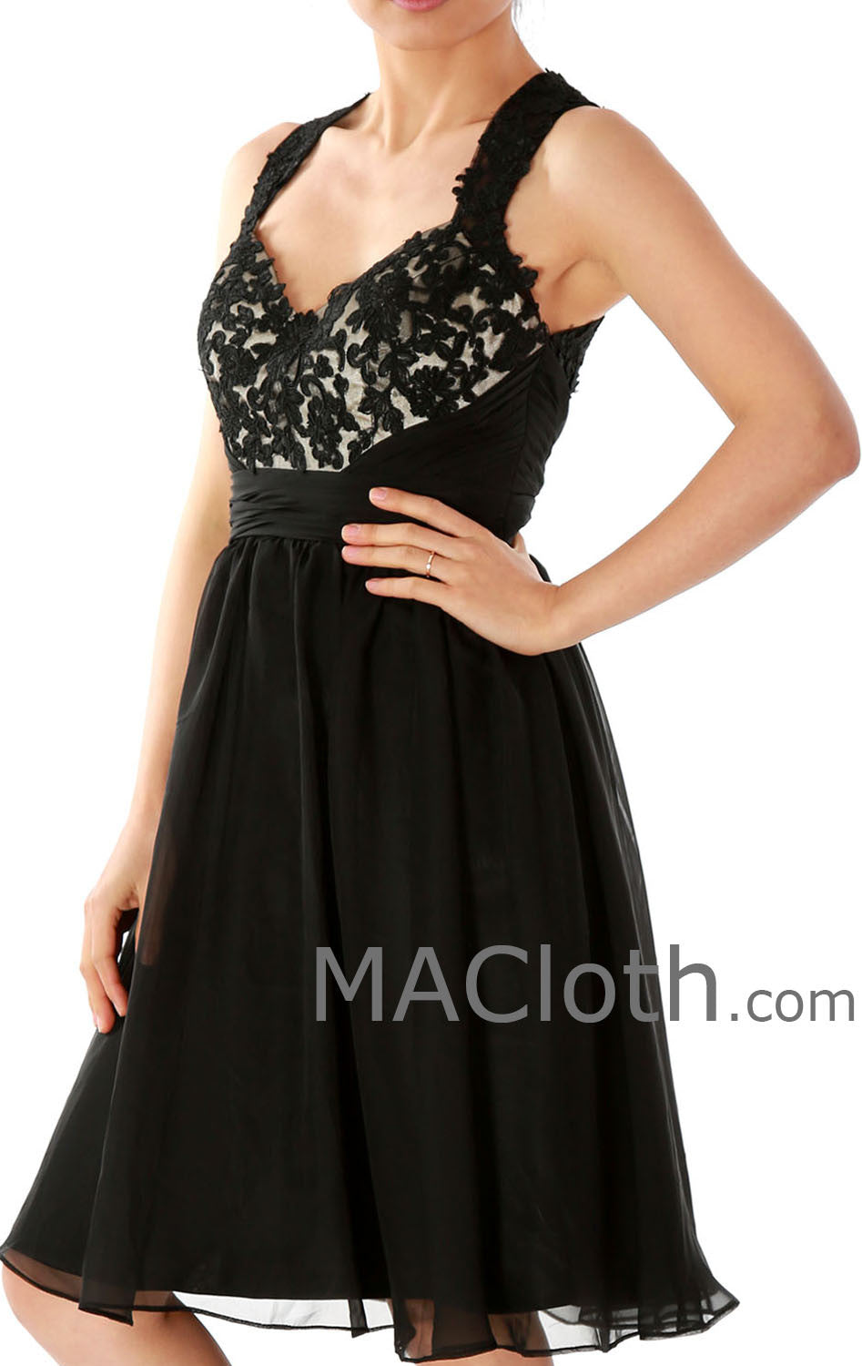 Vestido corto de fiesta negro con escote halter y encaje de MACloth, vestido de fiesta corto, vestido negro corto 160142