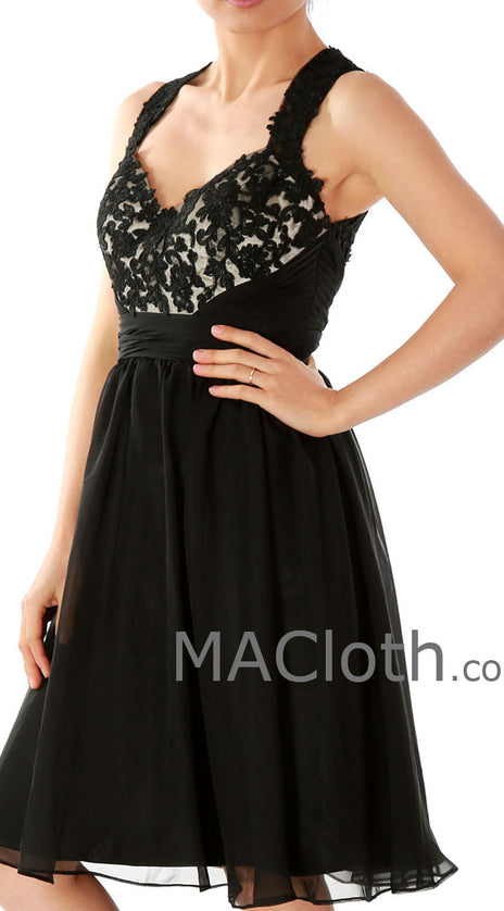 MACloth Halter Lace Mini Black Homecoming Dress, Short Prom Gown, Little Black Dress 160142