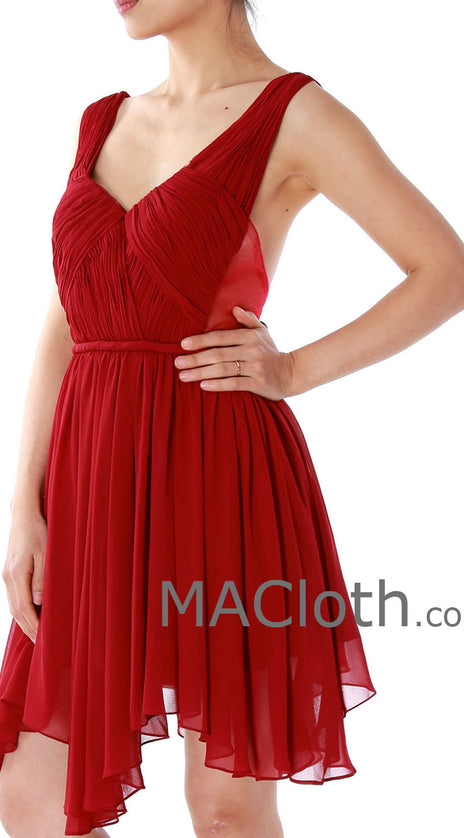 MACloth Straps V Neck Short Chiffon Prom Dress, Burgundy Homecoming Dress 160132