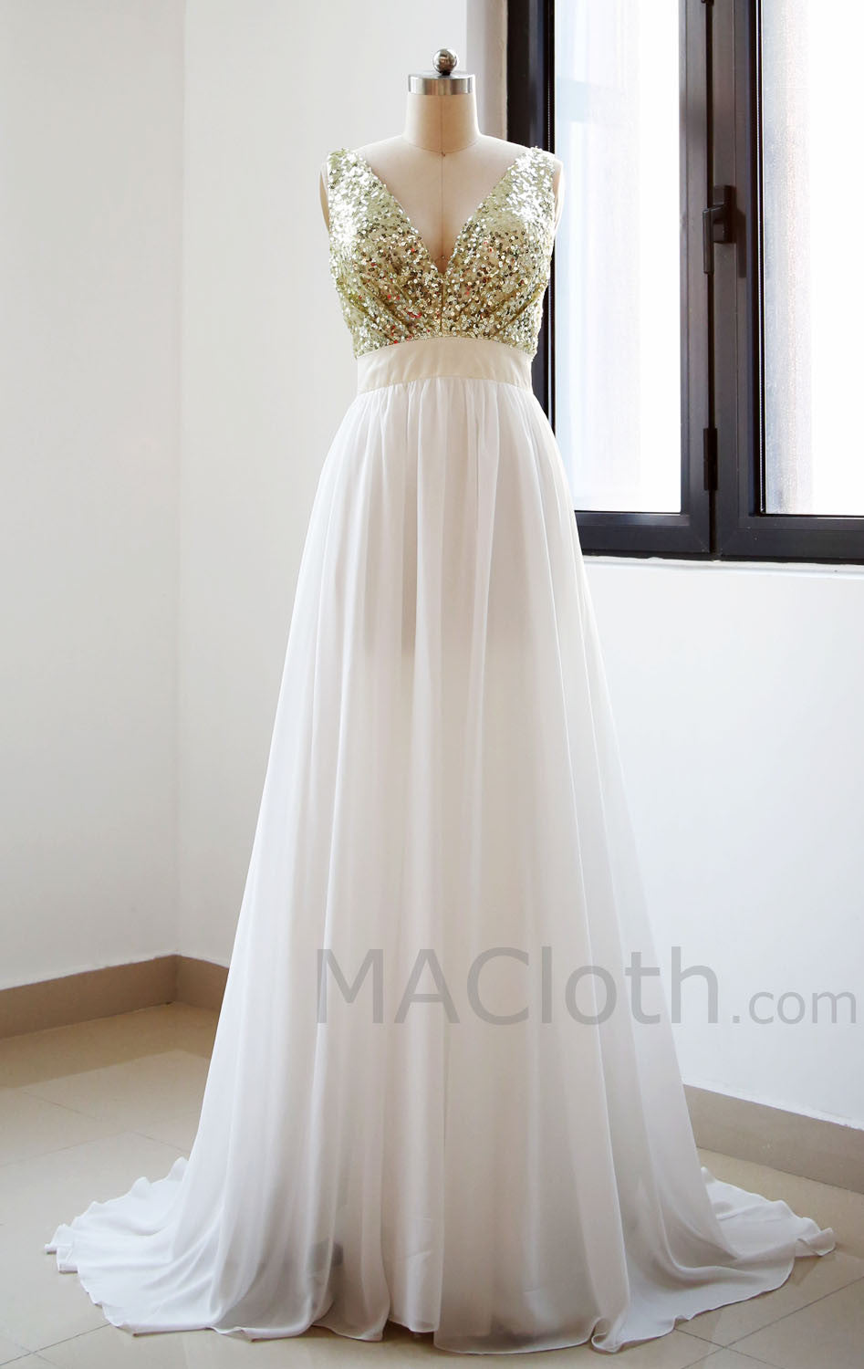 V Neck Chiffon Floor Length  Sequin Ivory Prom Dress