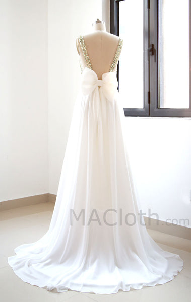 V Neck Chiffon Floor Length  Sequin Ivory Prom Dress