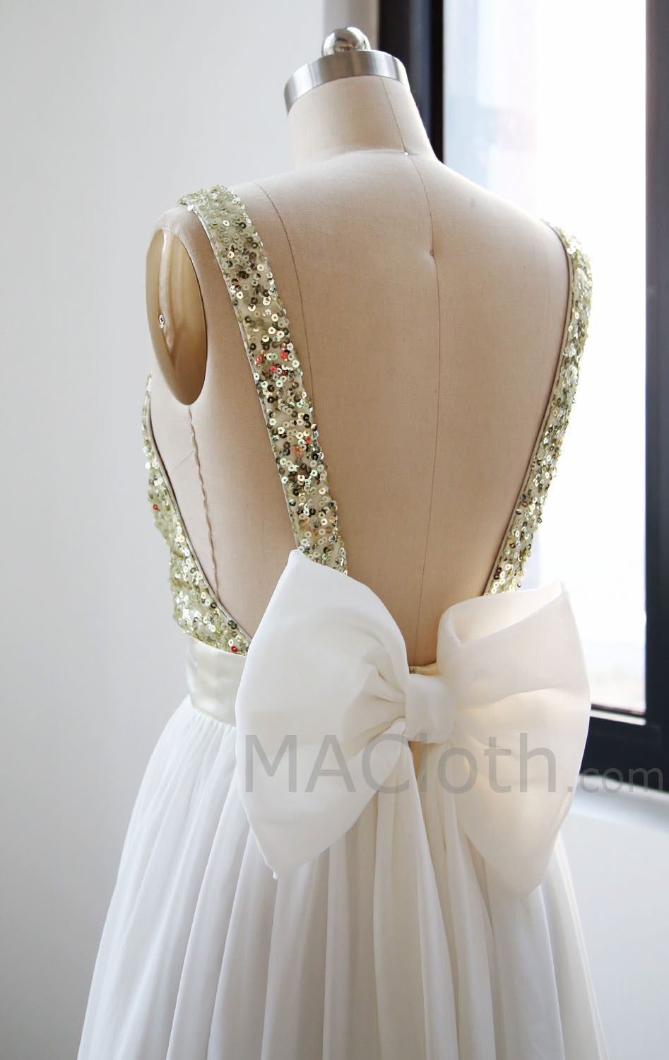 V Neck Chiffon Floor Length  Sequin Ivory Prom Dress