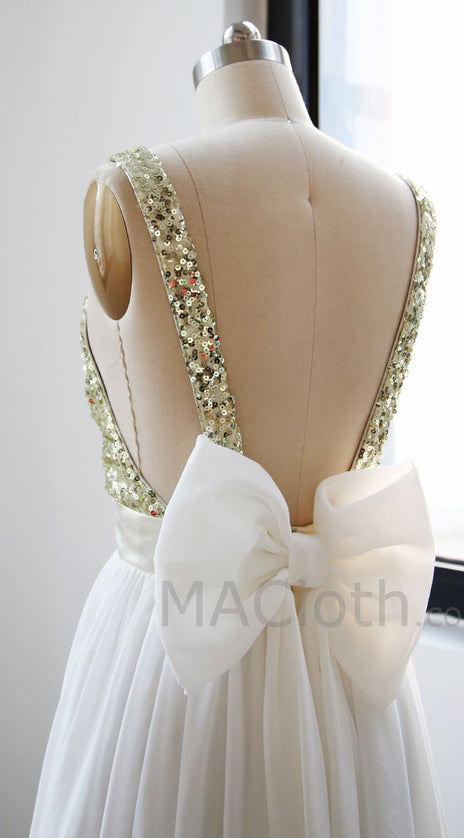 V Neck Chiffon Floor Length  Sequin Ivory Prom Dress