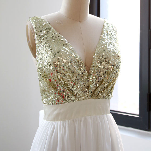 V Neck Chiffon Floor Length  Sequin Ivory Prom Dress