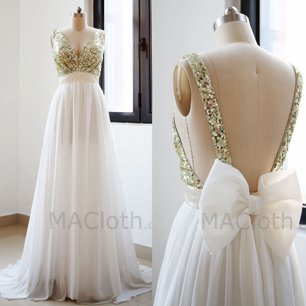 V Neck Chiffon Floor Length  Sequin Ivory Prom Dress