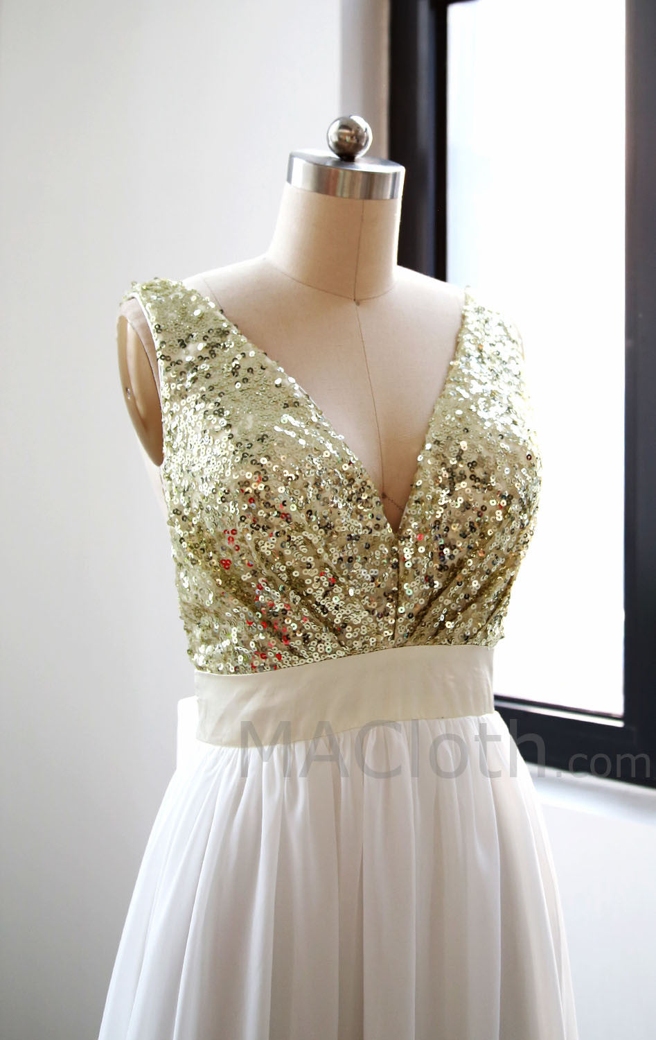 V Neck Chiffon Floor Length  Sequin Ivory Prom Dress