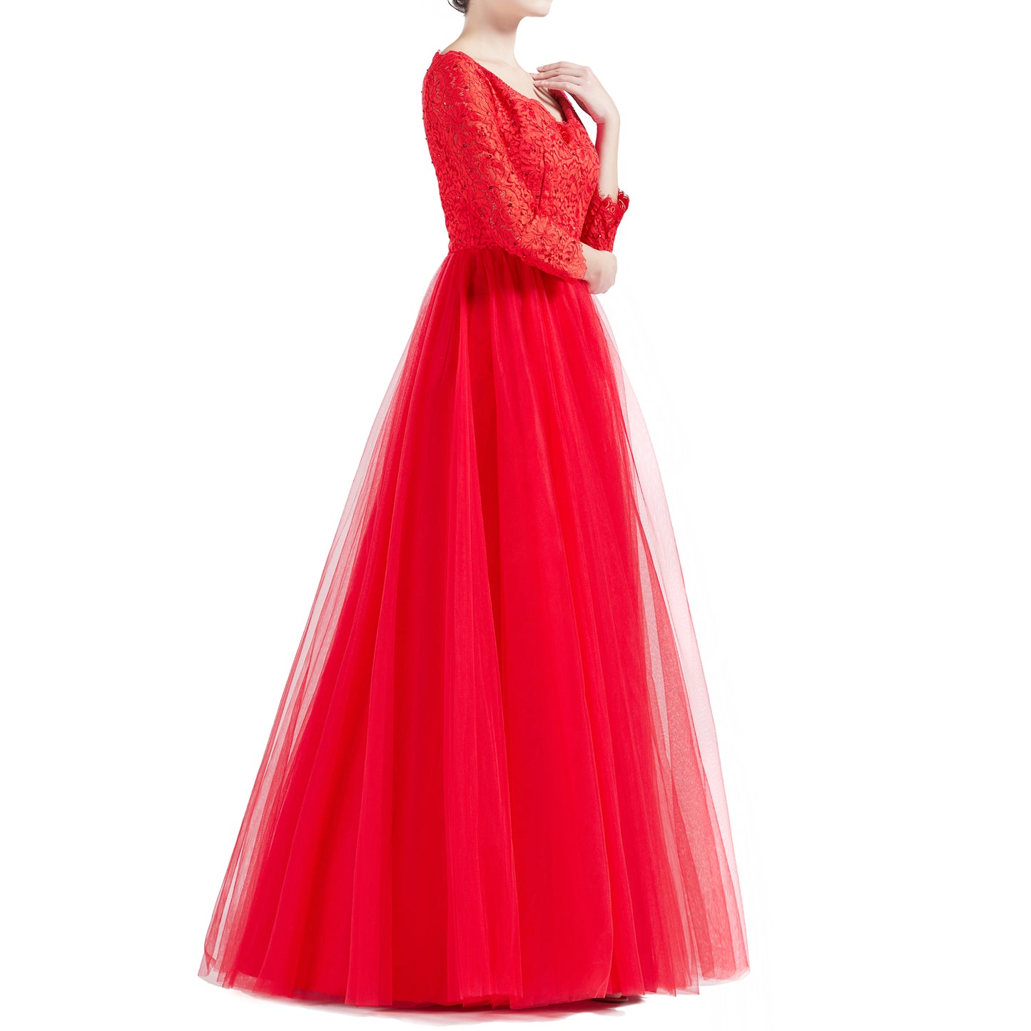 MACloth Women V Neck 3/4 Sleeve Long Tulle Prom Party Dresses Ball Gown Bridal