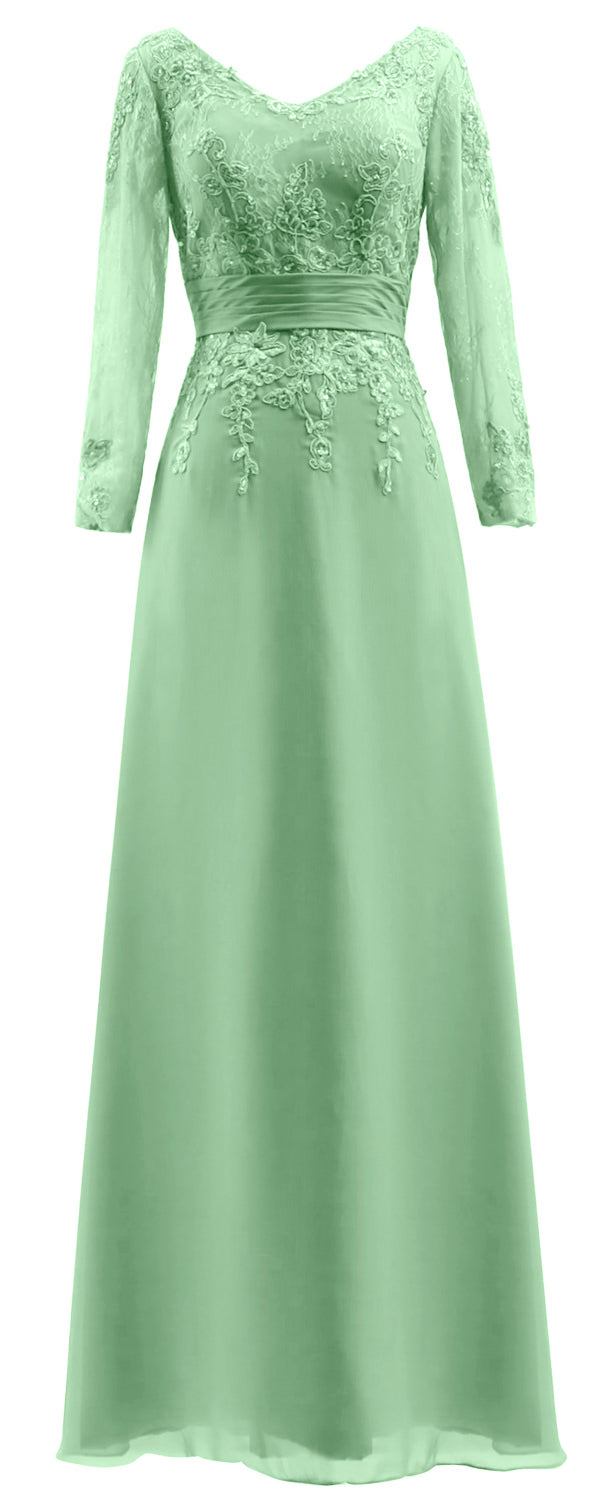 MACloth Vestidos de madre de la novia Mangas largas Cuello en V Encaje Vestido de noche formal