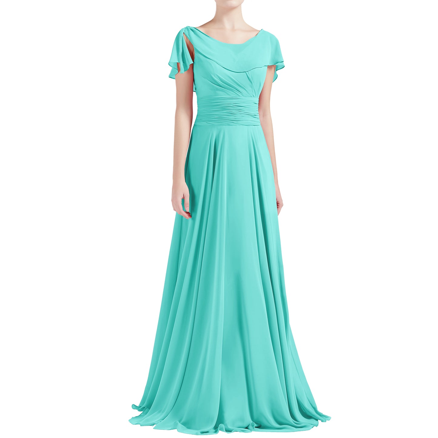 MACloth Damen O-Ausschnitt Rüschen Kurze Ärmel A-Linie Maxikleid Hochzeit Brautjungfernkleid