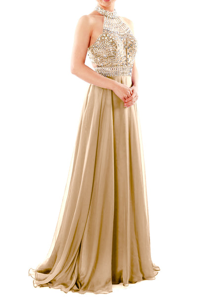 MACloth Women Halter High Neck Sleeveless Long Prom Party Dress Evening Gown