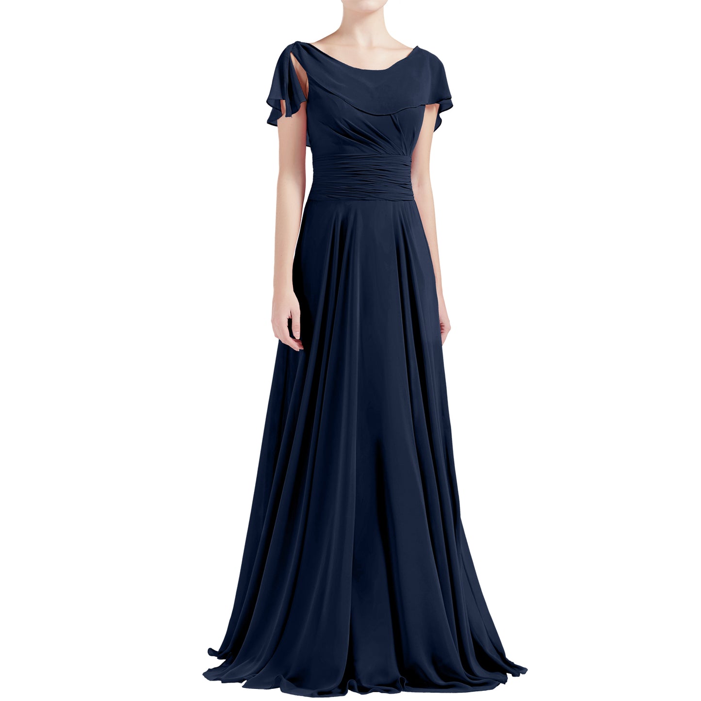 MACloth Damen O-Ausschnitt Rüschen Kurze Ärmel A-Linie Maxikleid Hochzeit Brautjungfernkleid