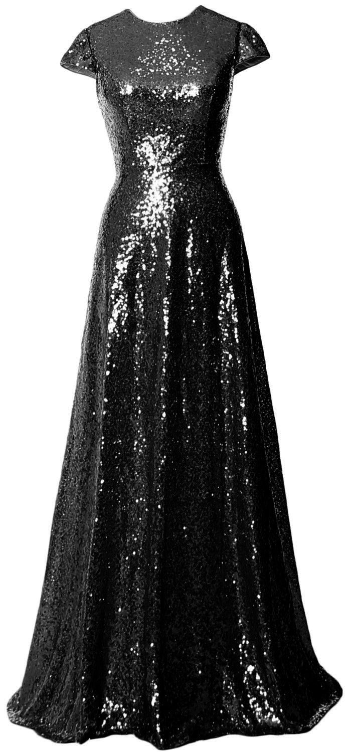 MACloth Women Cap Sleeves Long Sequin Mother Bride Dresses Bridesmaid BD Black / Floor Length / US12
