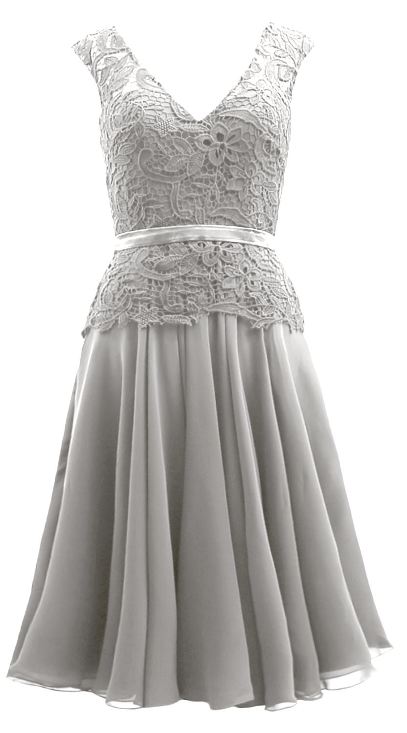 MACloth Women V Neck Lace Chiffon Party Formal Gown Midi Mother of Bride Dress