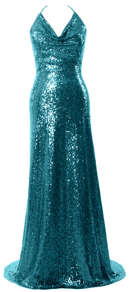 MACloth Women Halter Long Sequin Bridesmaid Dresses Party Evening Gown Maxi
