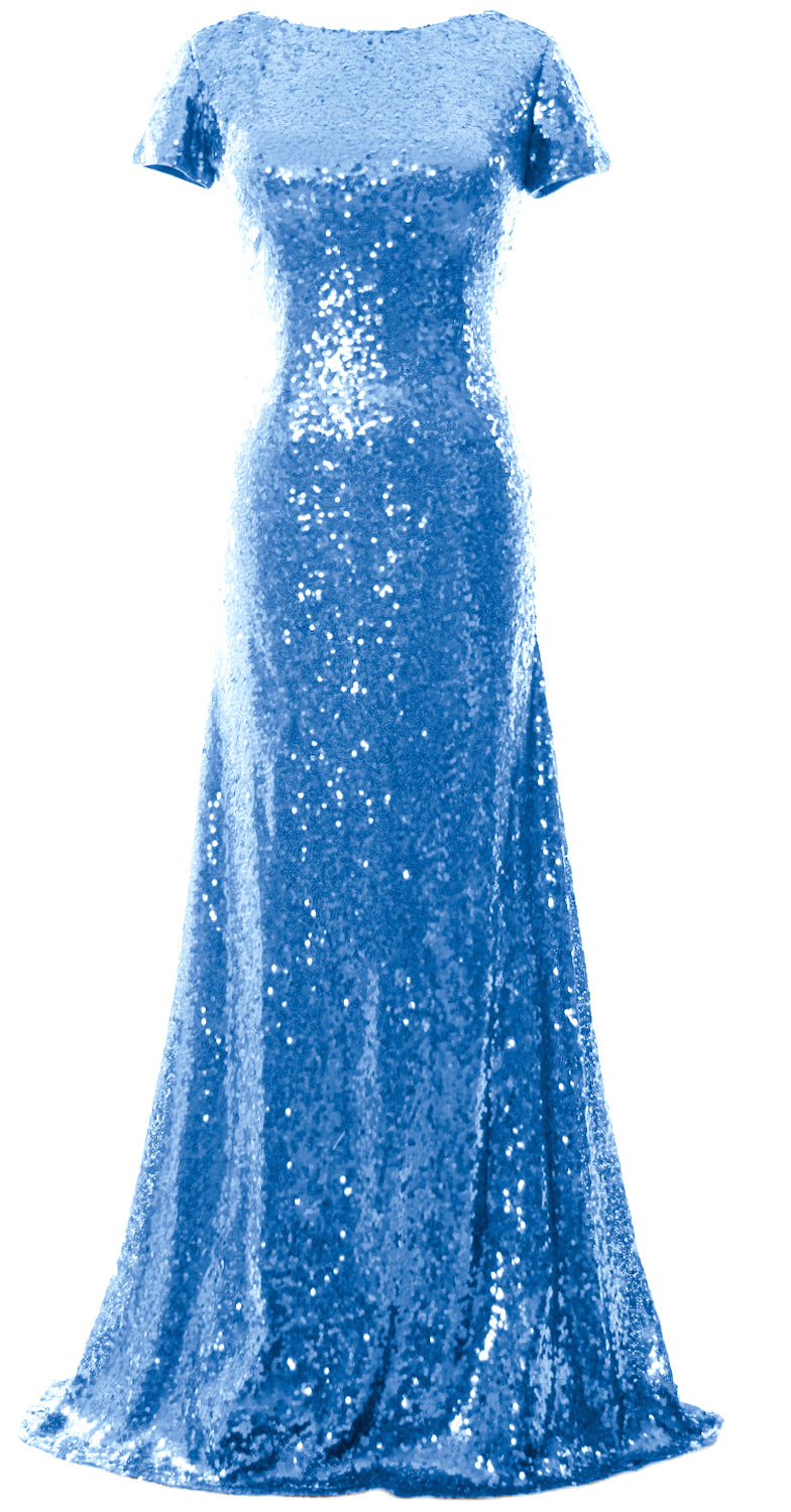 Vestido de dama de honor largo con lentejuelas y mangas cortas de sirena de MACloth, vestido de noche formal