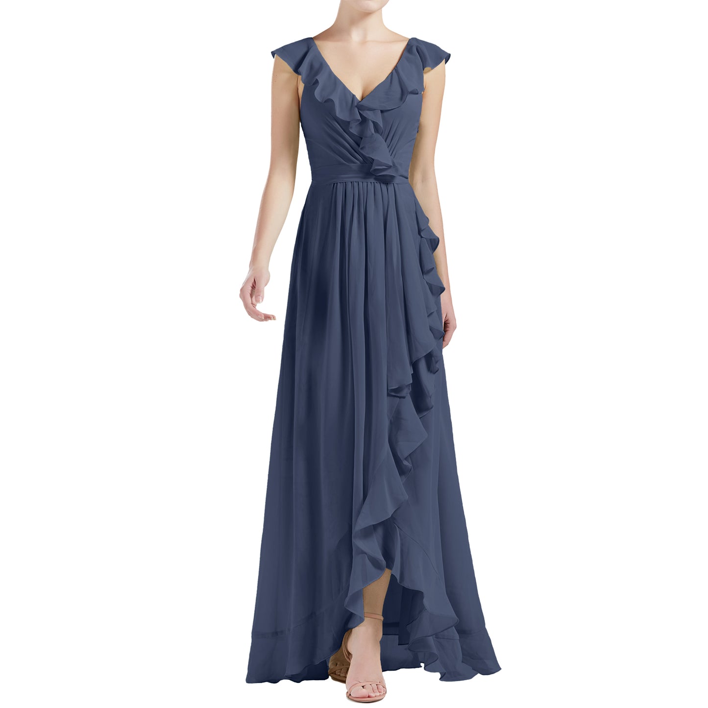 MACloth Women V Neck Ruffle Cap Sleeve Hi-Lo Long Wedding Bridesmaid Dresses