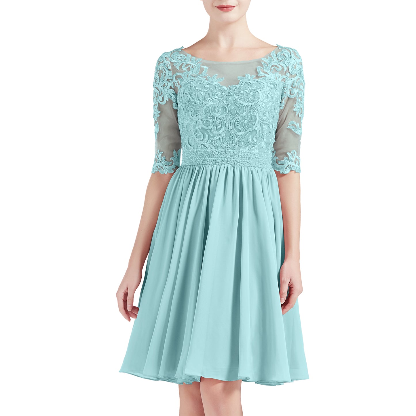 MACloth Women Half Sleeves Short Lace Beading Boat Neckline Mother of Bride Dresses Wedding Bridal Party