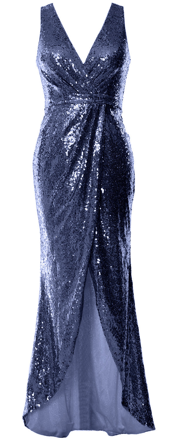 MACloth Women Sequin V Neck Wrap Long Bridesmaid Dresses Wedding Prom Gown