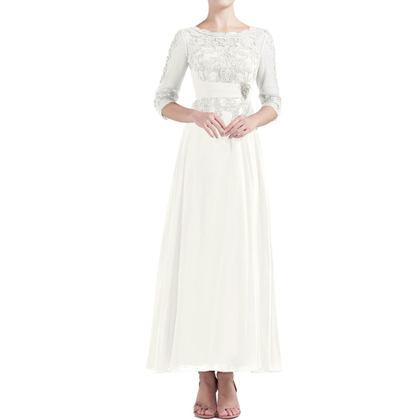 MACloth Women Tea Length 3/4 Sleeve Boat Neck Mother Bride Dresses Bridal Party