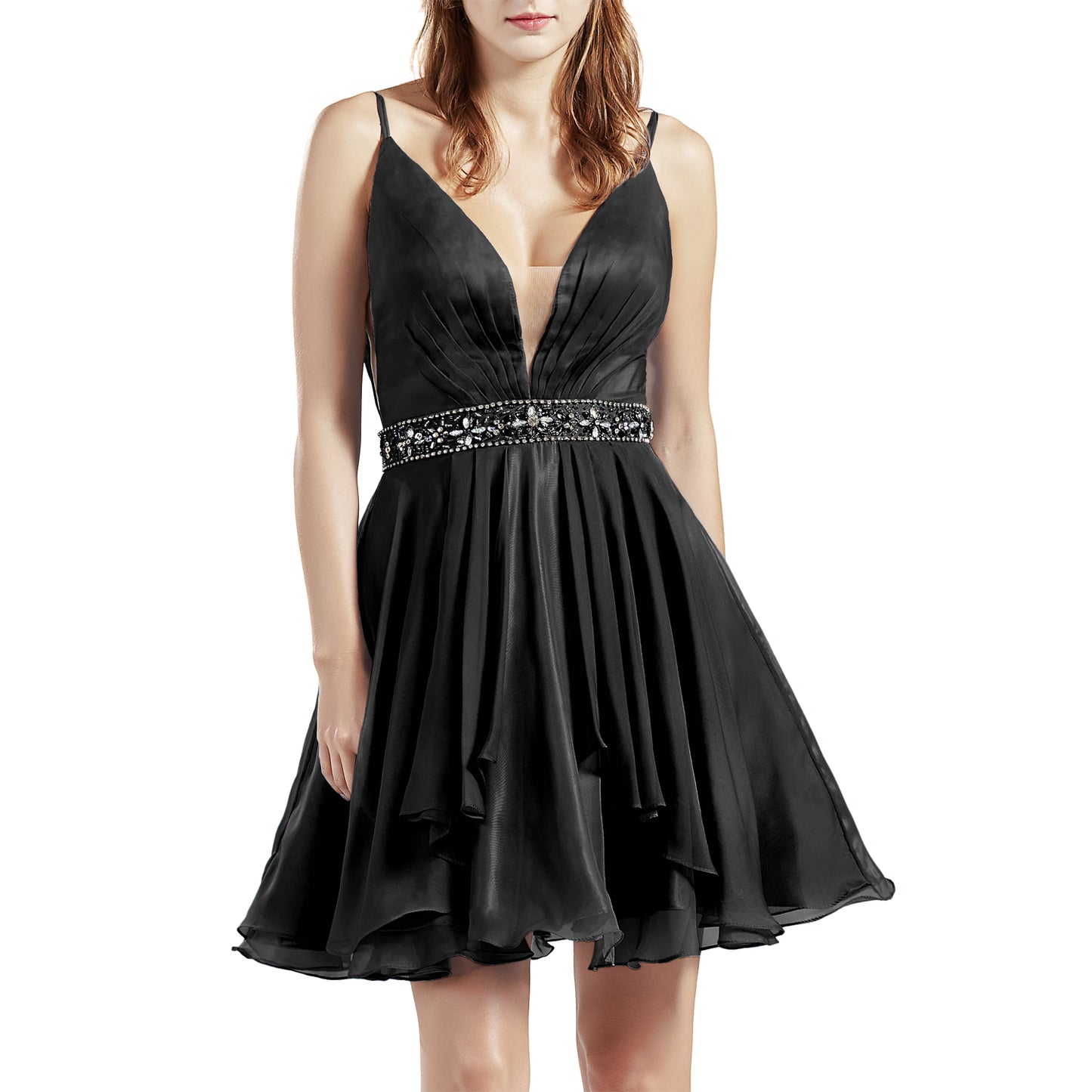 MACloth Women Short V Neck Beading Chiffon Cute Prom Homecoming Dresses Cocktail