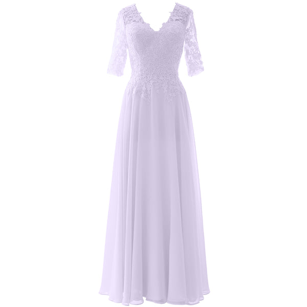 MACloth Long Maxi Mother Bride Dresses Short Sleeve Lace V Neck Evening Gown