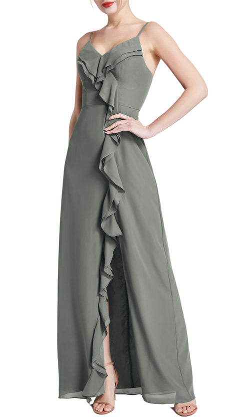 MACloth Women V Neck Ruffle Chiffon Long Wedding Party Bridesmaid Dresses Slit