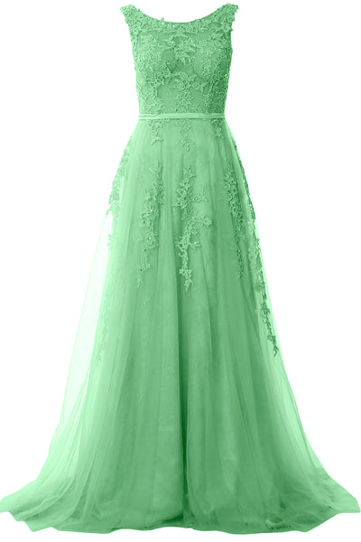 MACloth Lace Prom Dresses Boat Neck Sleeveless Lace Wedding Formal Evening Gown