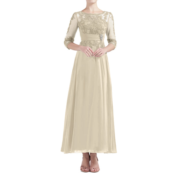 MACloth Women Tea Length 3/4 Sleeve Boat Neck Mother Bride Dresses Bridal Party