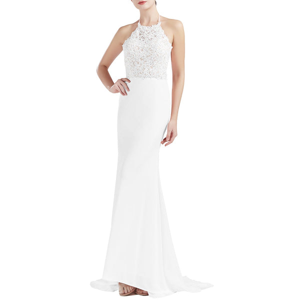 MACloth Women Sleeveless Halter Jersey Mermaid Long Prom Party Dresses Evening