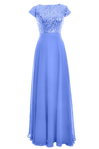 MACloth Women Cap Sleeve Sequin Long Birdesmaid Dress Wedding Party Formal Gown