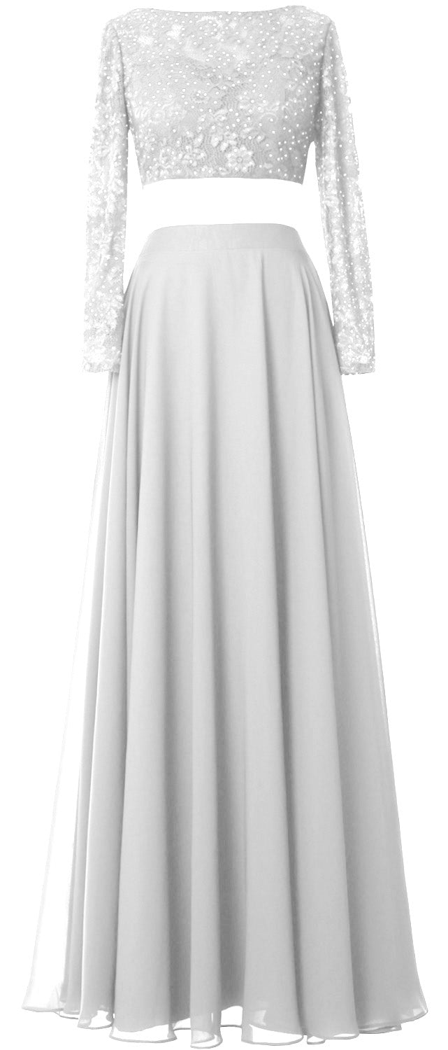 MACloth Damen Abendkleid aus Spitze und Chiffon, 2-teilig, lange Ärmel, Ballkleid