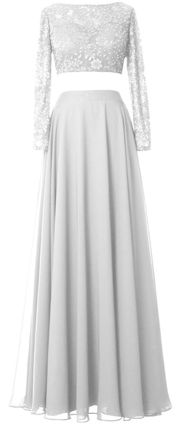 MACloth Women Lace Chiffon Formal Evening Gown 2 Piece Long Sleeves Prom Dresses