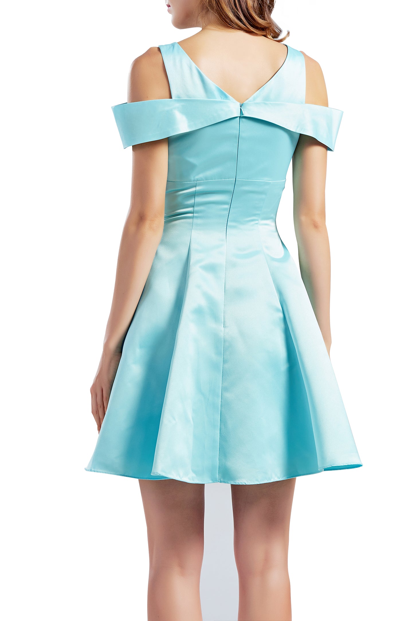 MACloth Women Short Cold Shoulder V Neck Satin Homecoming Dresses Wedding Guest