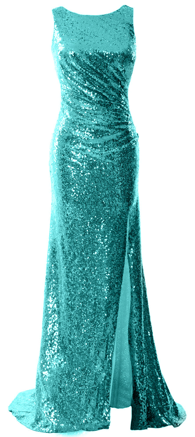 MACloth Women Sequin Long Bridesmaid Dresses Cowl Back Prom Evening Gown Split