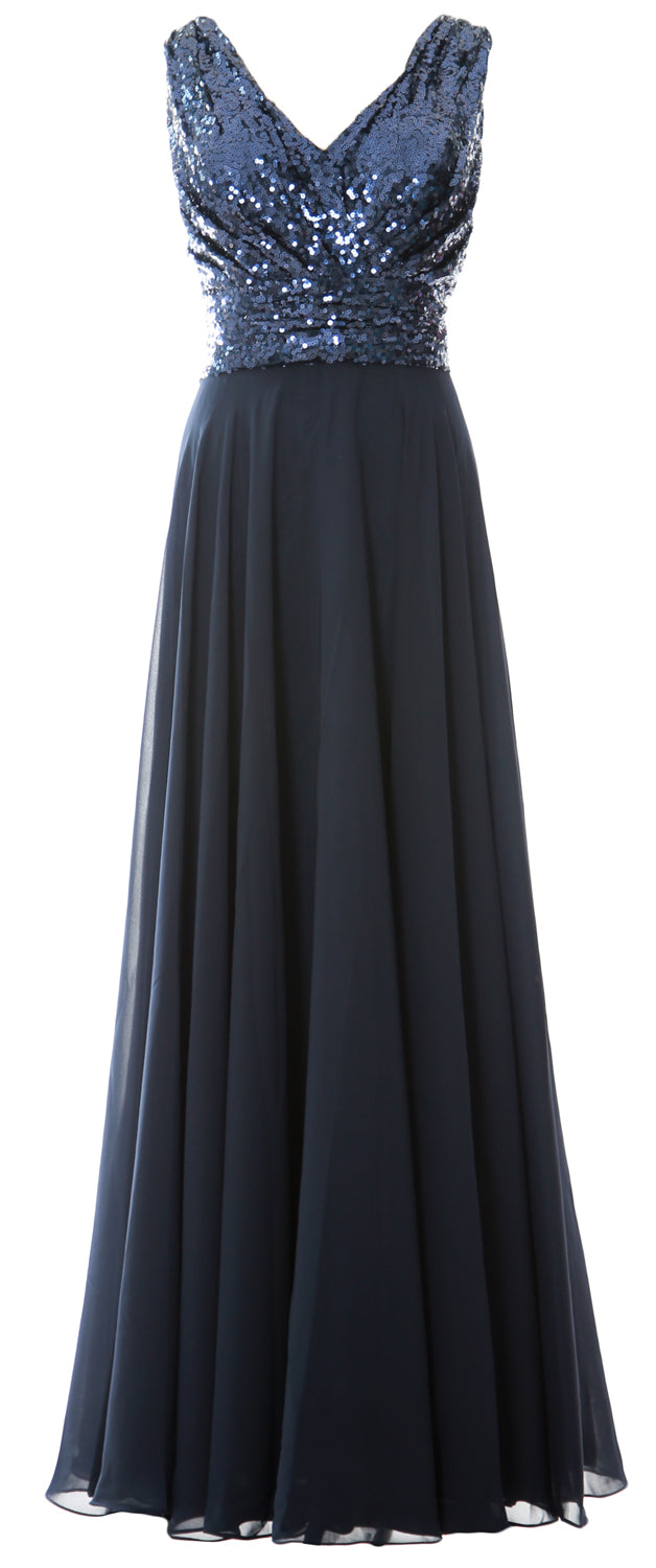 MACloth Women Sleeveless Long Bridesmaid Dresses V Neck Sequin Evening Gown
