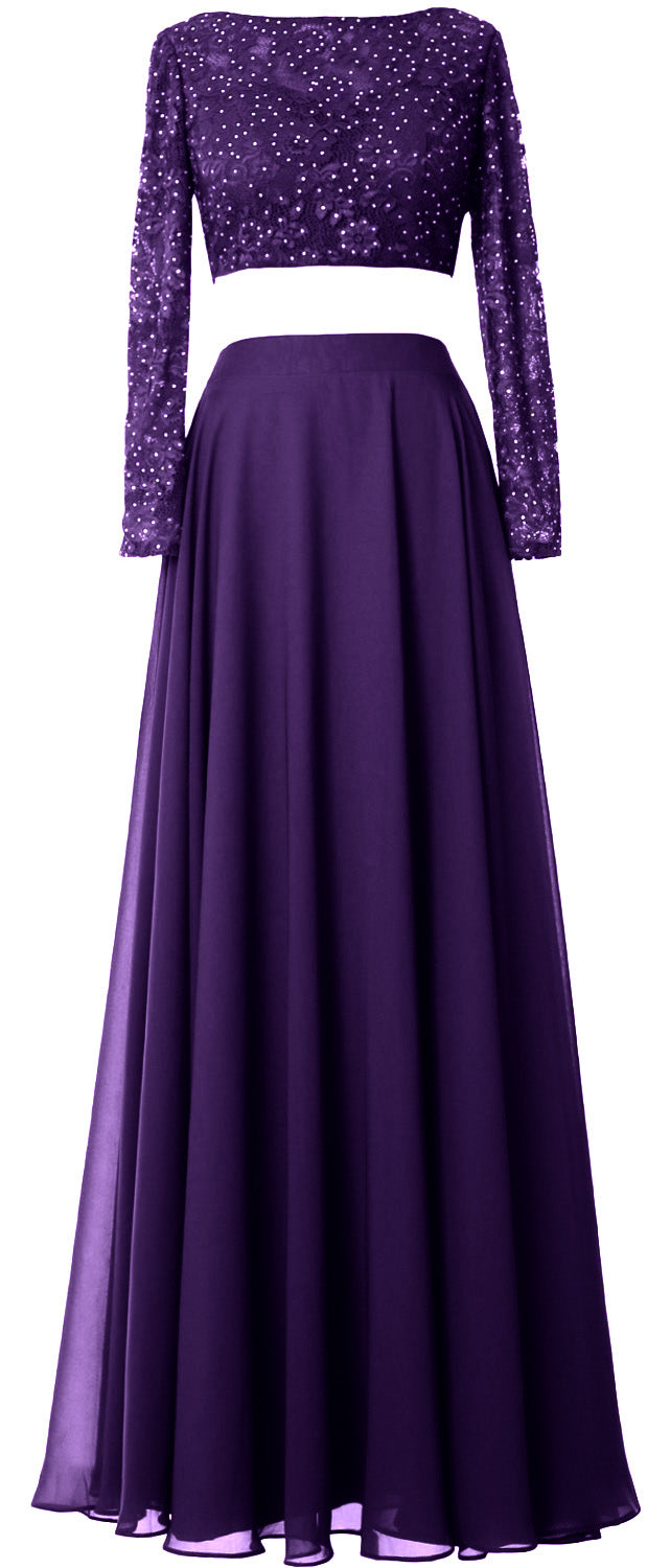 MACloth Damen Abendkleid aus Spitze und Chiffon, 2-teilig, lange Ärmel, Ballkleid
