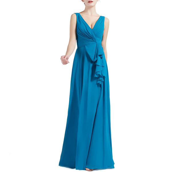 MACloth Women V Neck Long Pleated A Line Wedding Party Bridesmaid Dresses Slit