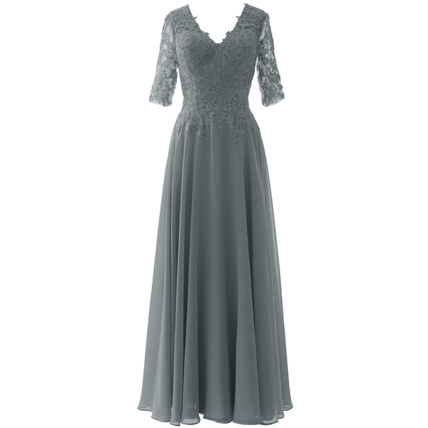 MACloth Long Maxi Mother Bride Dresses Short Sleeve Lace V Neck Evening Gown