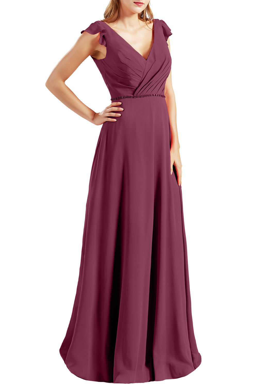 MACloth Women Cap Sleeves V Neck Chiffon Long Bridesmaid Dresses Evening Gown