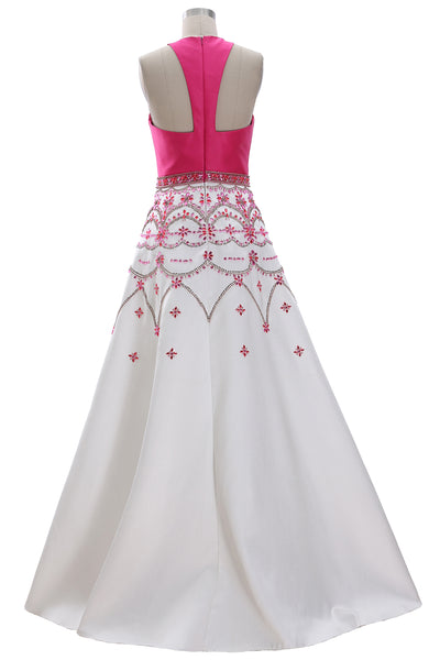 MACloth Women Racer Neck Satin Long Prom Dress Beaded Formal Evening Gown